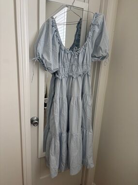 En Saison Baby Blue Drawstring Neckline Cottage Style Puff Sleeve Midi Dress